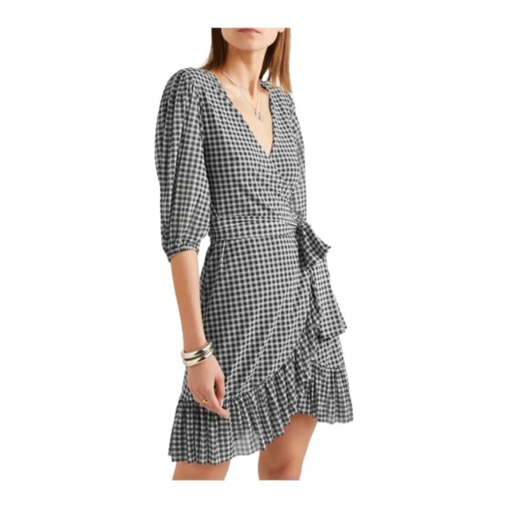 NWT GANNI Gingham Ruffle Wrap Dress Plaid Black and White Size EU 32 / US 0